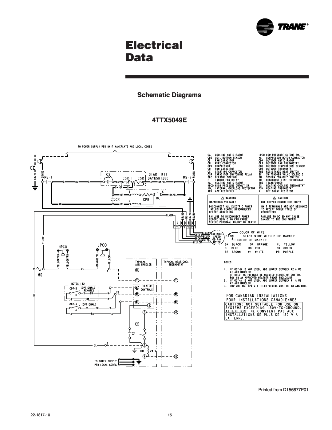 Trane 4TTX5061E, 4TTX5060A1, 4TTX5036A1 manual Electrical Data, Schematic Diagrams 4TTX5049E, Printed from D156677P01 