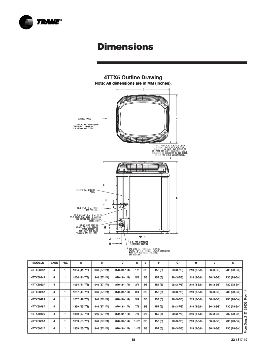Trane 4TTX5018A1, 4TTX5061E, 4TTX5060A1, 4TTX5036A1 Dimensions, 4TTX5 Outline Drawing, Note All dimensions are in MM Inches 