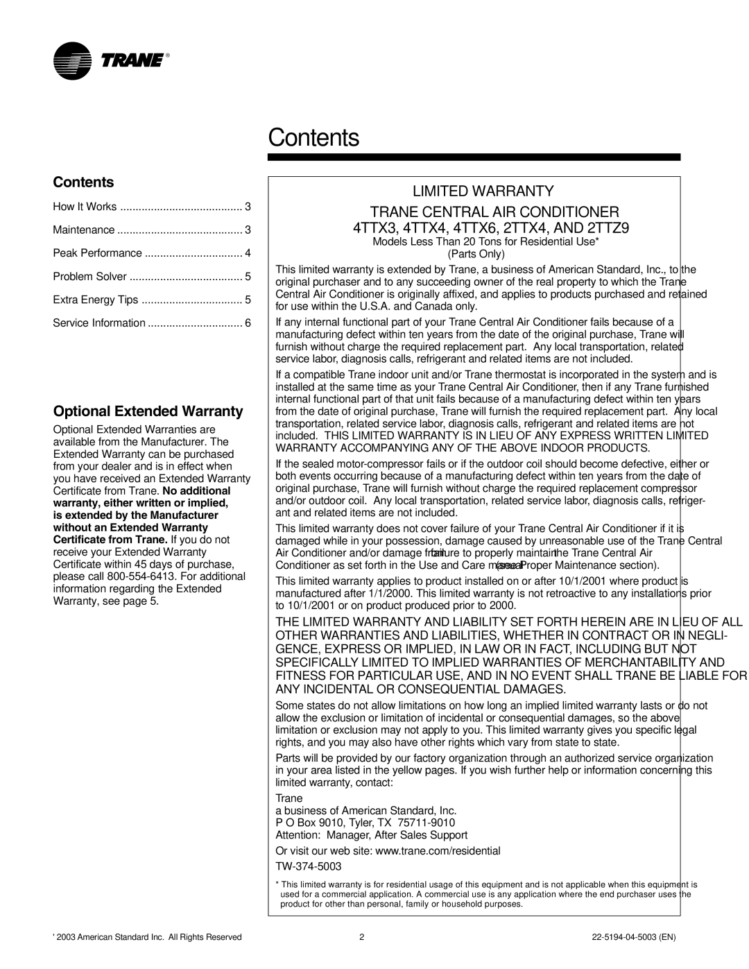 Trane 2TTX4, 4TTX6, 4TTX4, 2TTZ9, 4TTX3 manual Contents 