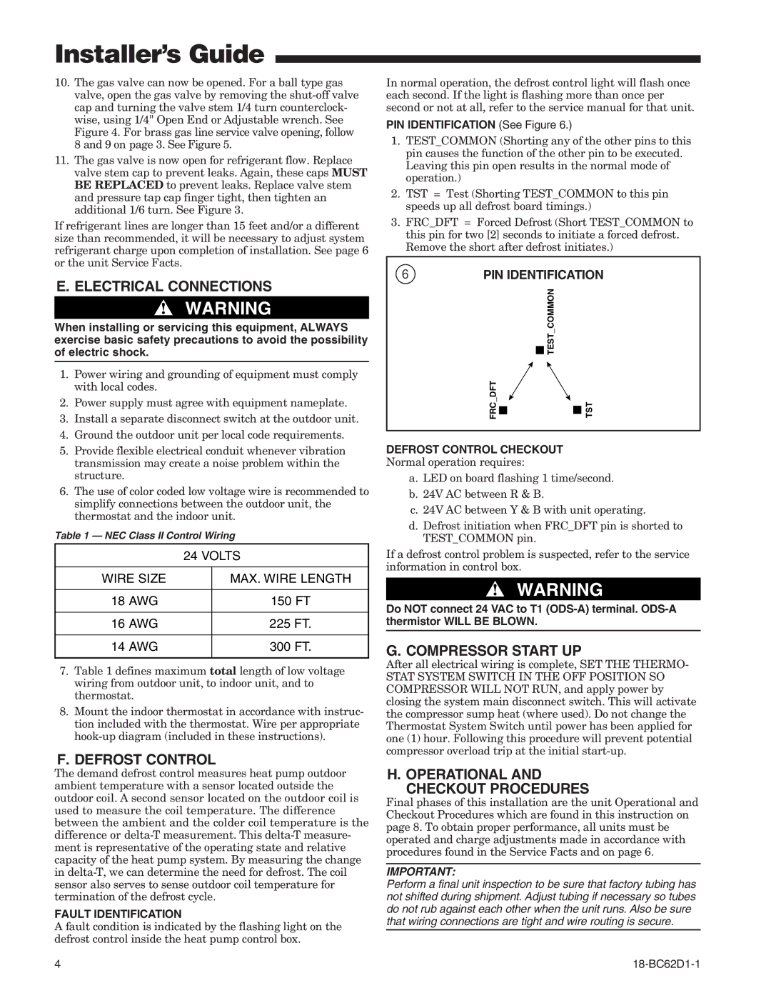 Trane 4TWA3 manual Electrical Connections, Defrost Control, Compressor Start UP, Operational Checkout Procedures 