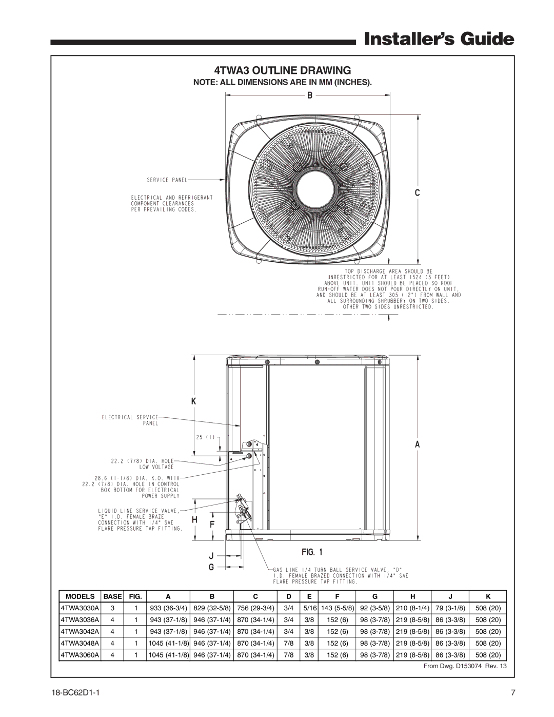 Trane manual 4TWA3 Outline Drawing, Models Base 