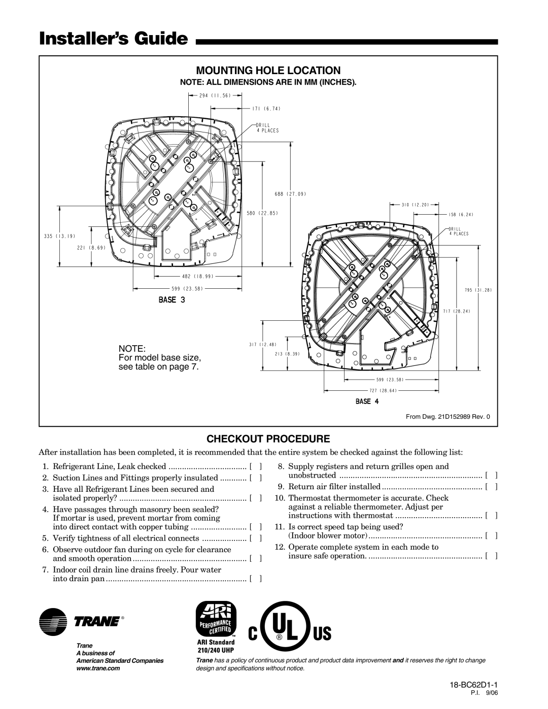 Trane 4TWA3 manual Mounting Hole Location, Checkout Procedure 