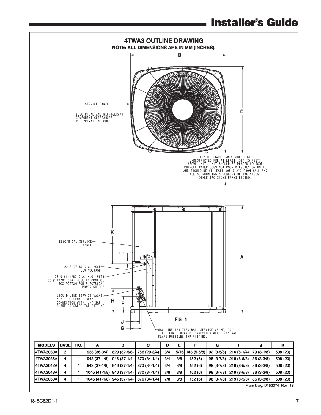 Trane 4TWA3 manual Installer’s Guide, Note All Dimensions Are In Mm Inches, 18-BC62D1-1, Models, Base 