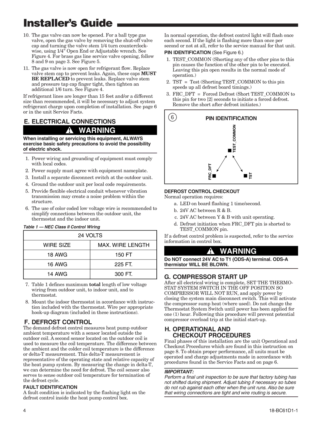 Trane 4TWB3 manual Electrical Connections, Defrost Control, Compressor Start UP, Operational Checkout Procedures 