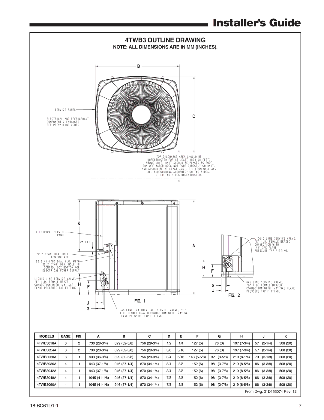 Trane manual 4TWB3 Outline Drawing, Models Base 