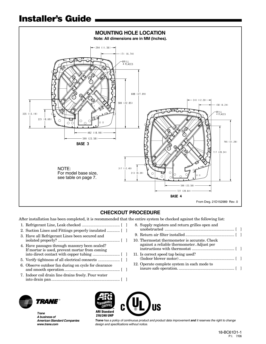 Trane 4TWB3 manual Mounting Hole Location, Checkout Procedure 