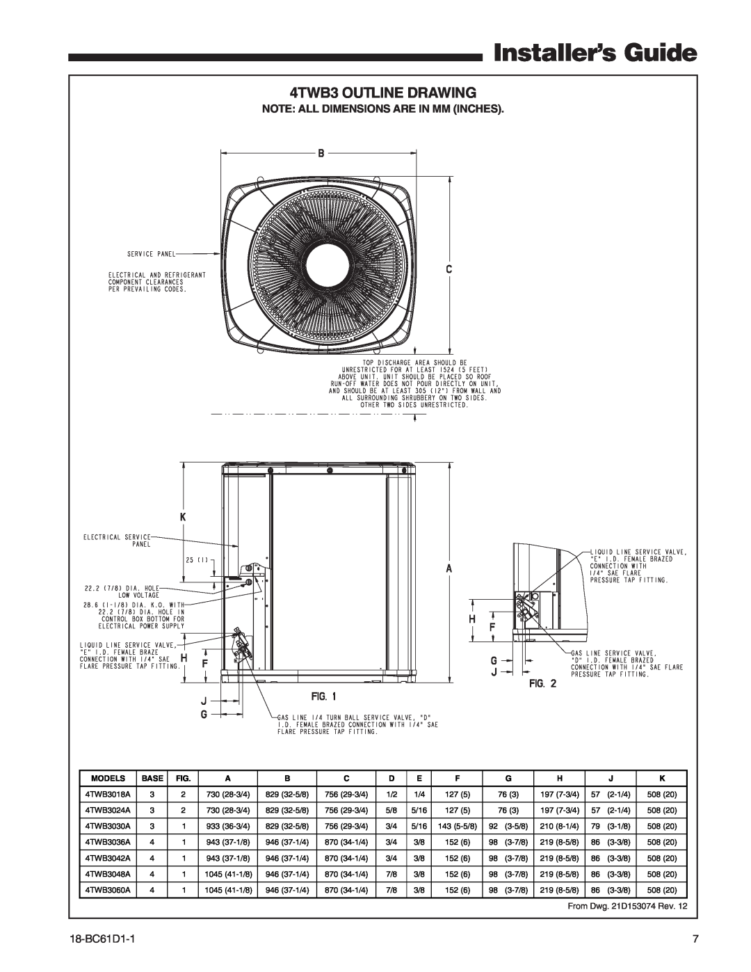 Trane 4TWB3 manual Installer’s Guide, Note All Dimensions Are In Mm Inches, 18-BC61D1-1, Models, Base 
