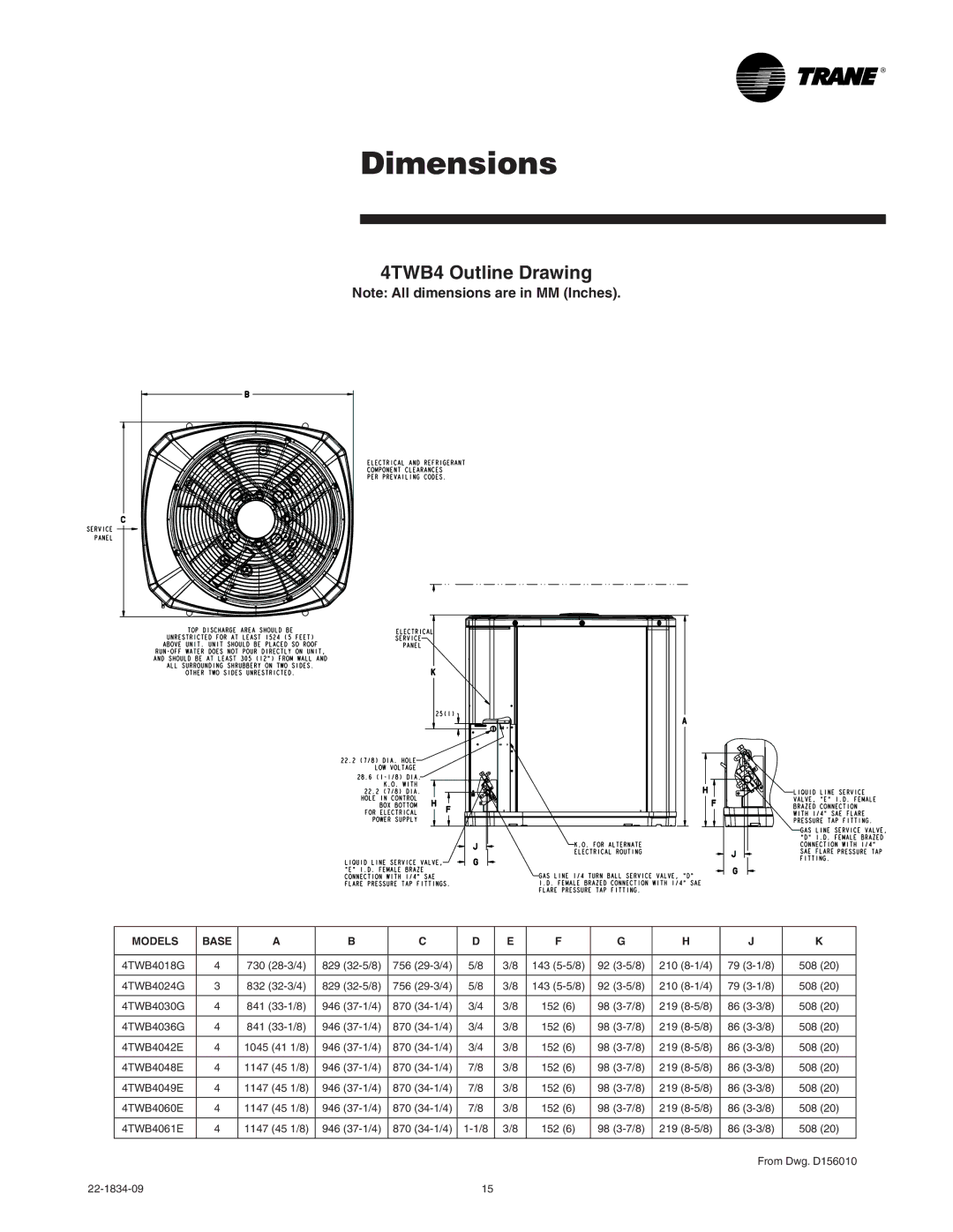 Trane manual Dimensions, 4TWB4 Outline Drawing 