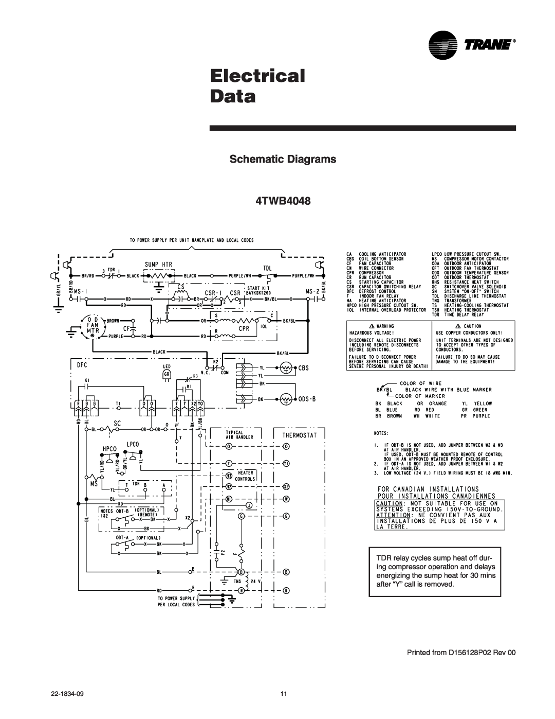 Trane manual Electrical Data, Schematic Diagrams 4TWB4048, Printed from D156128P02 Rev 