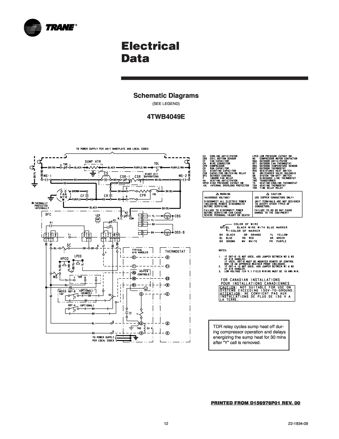 Trane manual Electrical Data, Schematic Diagrams, 4TWB4049E, PRINTED FROM D156976P01 REV 