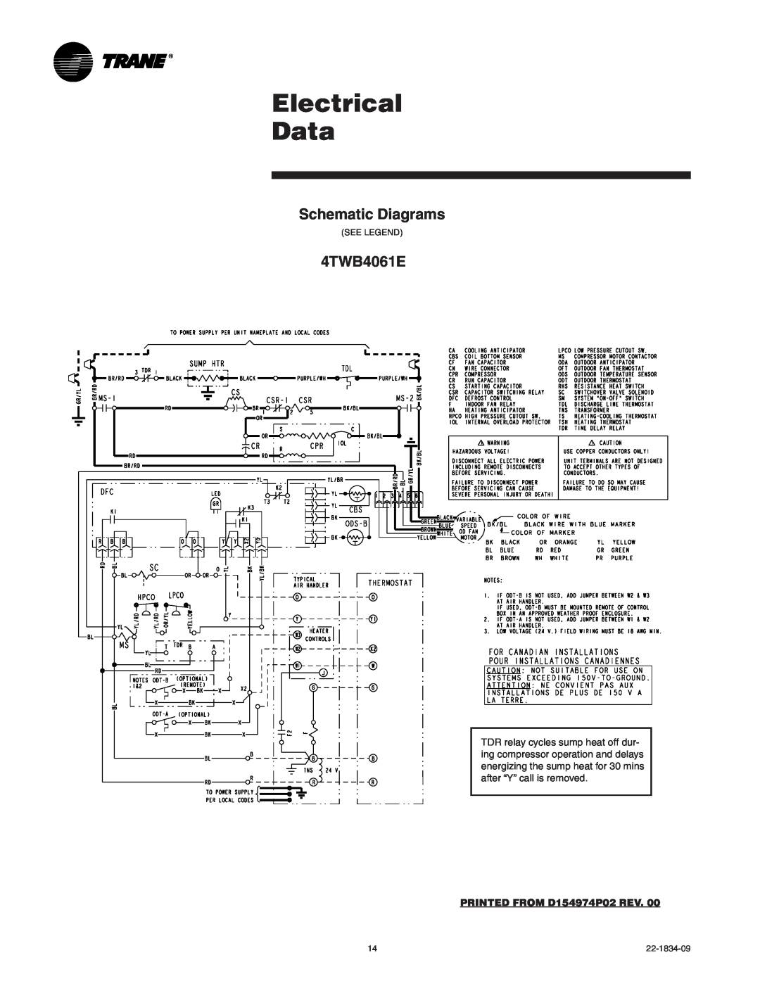 Trane manual Electrical Data, Schematic Diagrams, 4TWB4061E, PRINTED FROM D154974P02 REV 