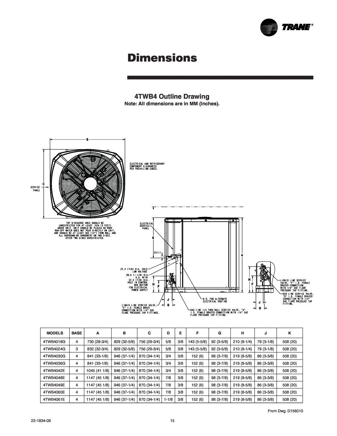 Trane manual Dimensions, 4TWB4 Outline Drawing, Models, Base 