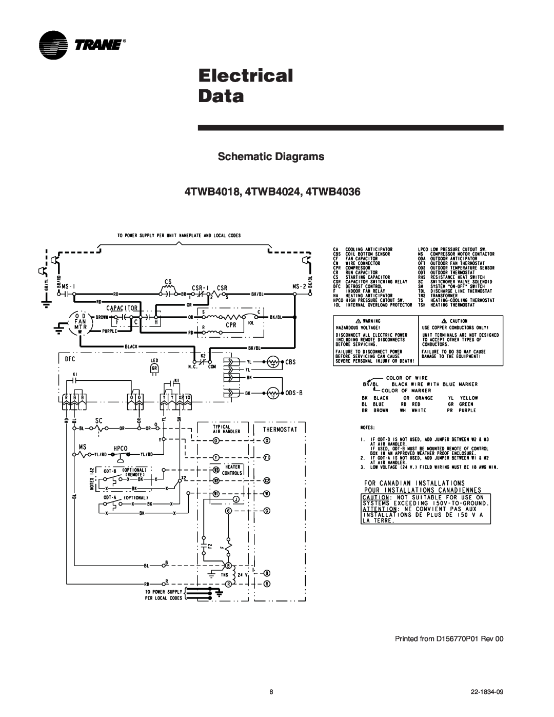 Trane manual Electrical Data, Schematic Diagrams 4TWB4018, 4TWB4024, 4TWB4036, Printed from D156770P01 Rev 