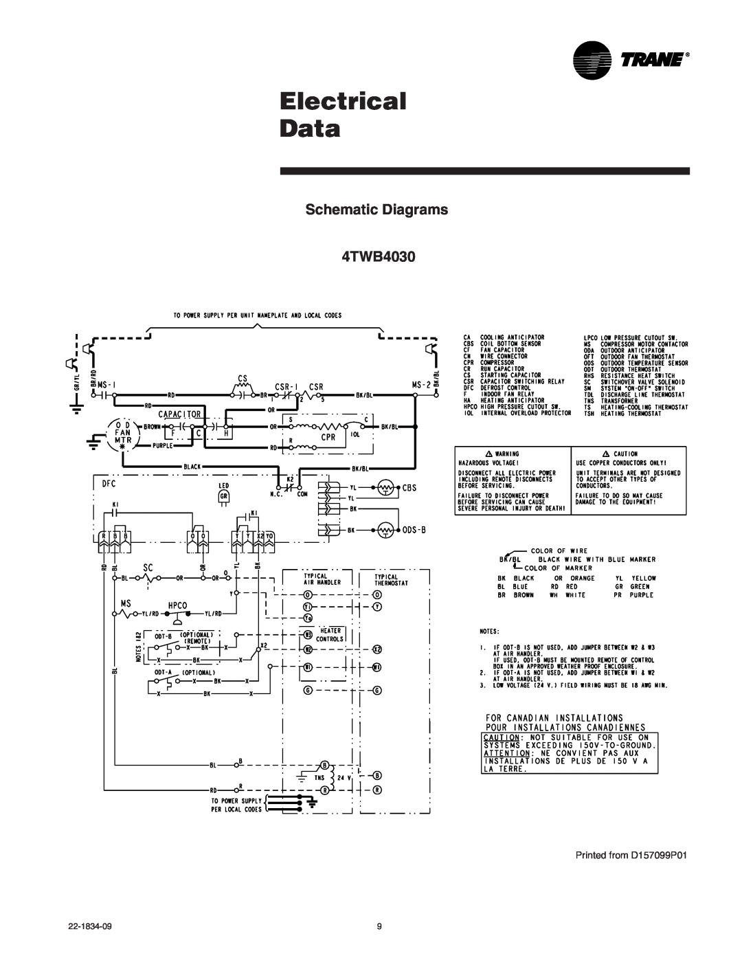 Trane manual Electrical Data, Schematic Diagrams 4TWB4030, Printed from D157099P01 