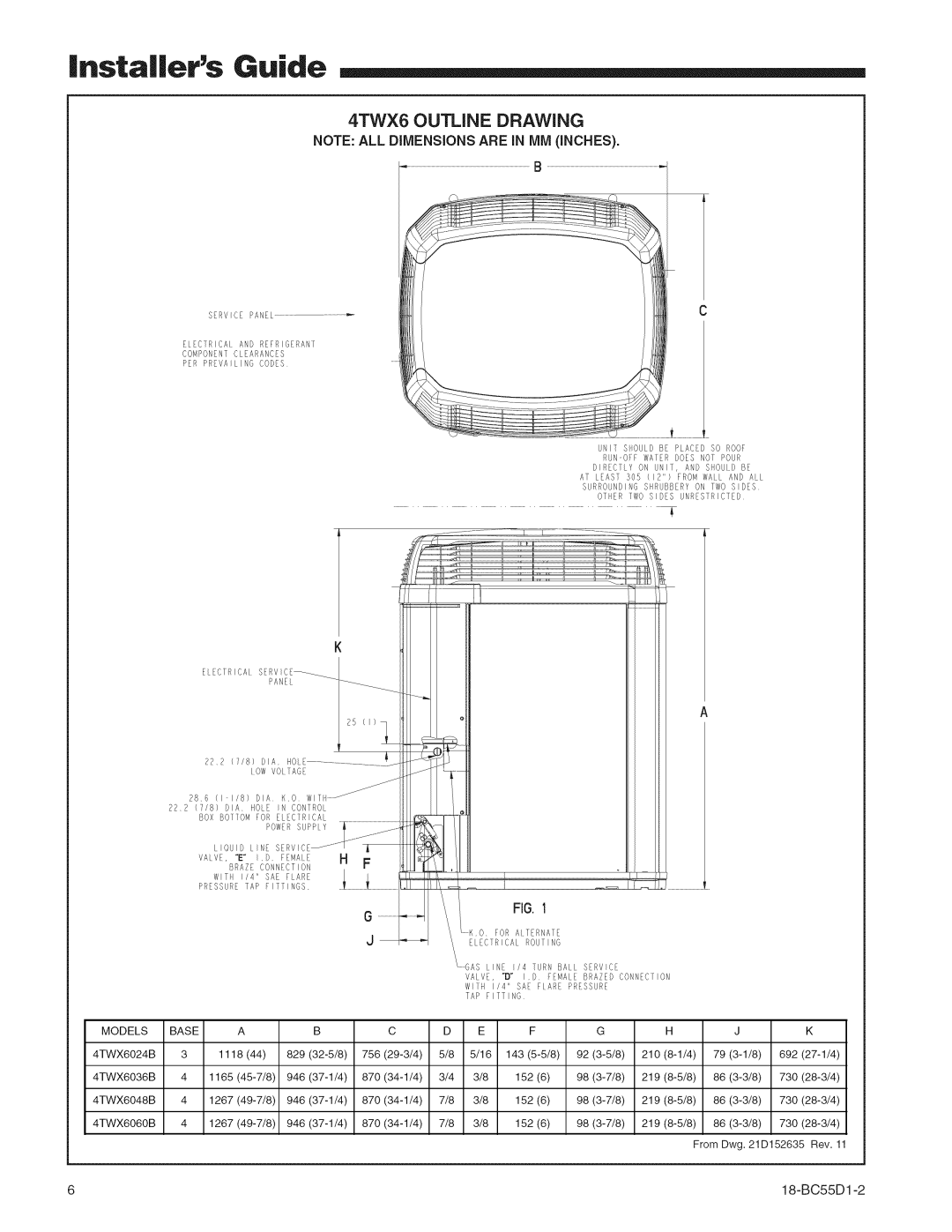 Trane 4TWX606OB, 4TWX6024B, 4TWX6048B, 18-BC55D1-2, 4TWX6036B manual 4TWX6 Outline Drawing, Models Base 