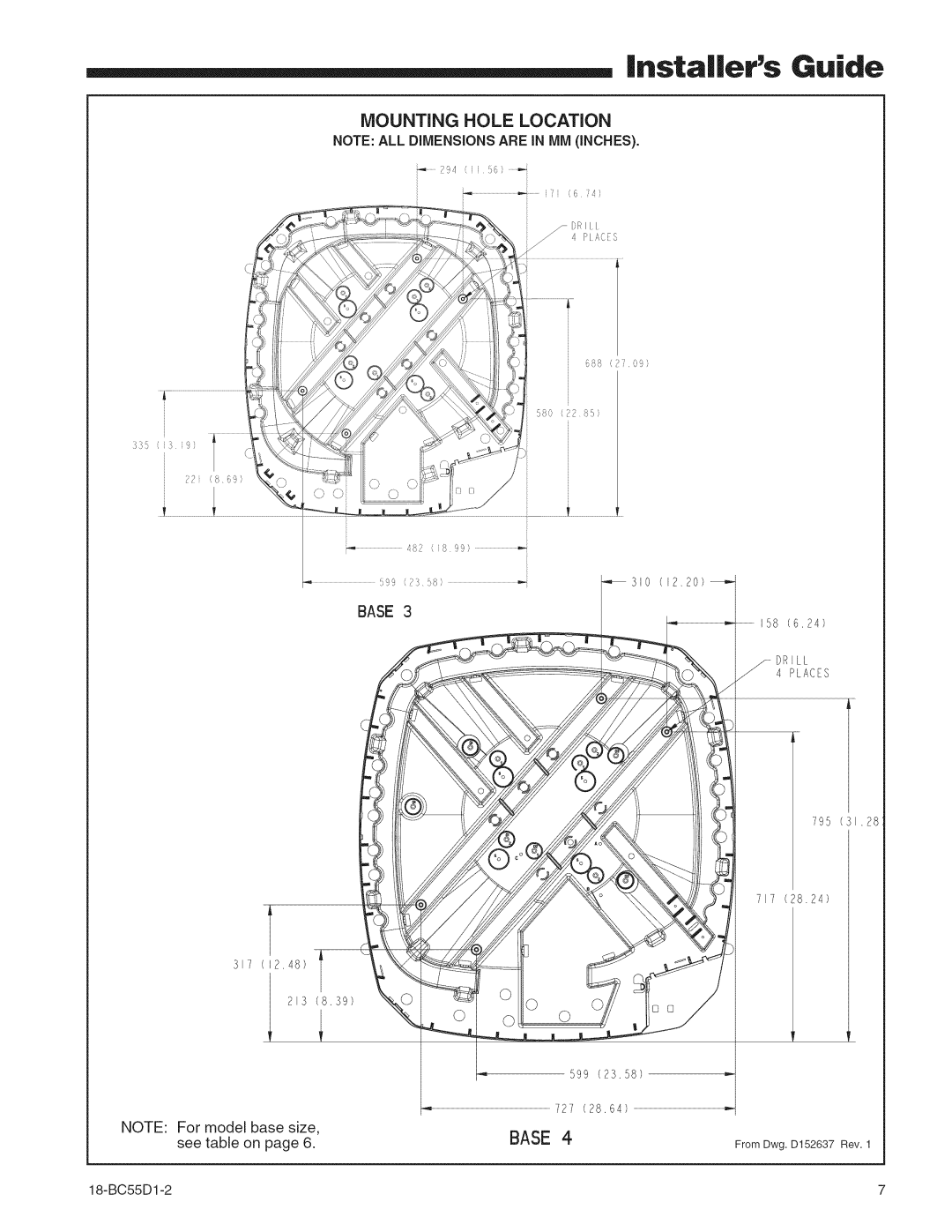 Trane 4TWX606OB, 4TWX6024B, 4TWX6048B, 18-BC55D1-2, 4TWX6036B manual Nstalers Guide, Mounting Hole Location, Base 