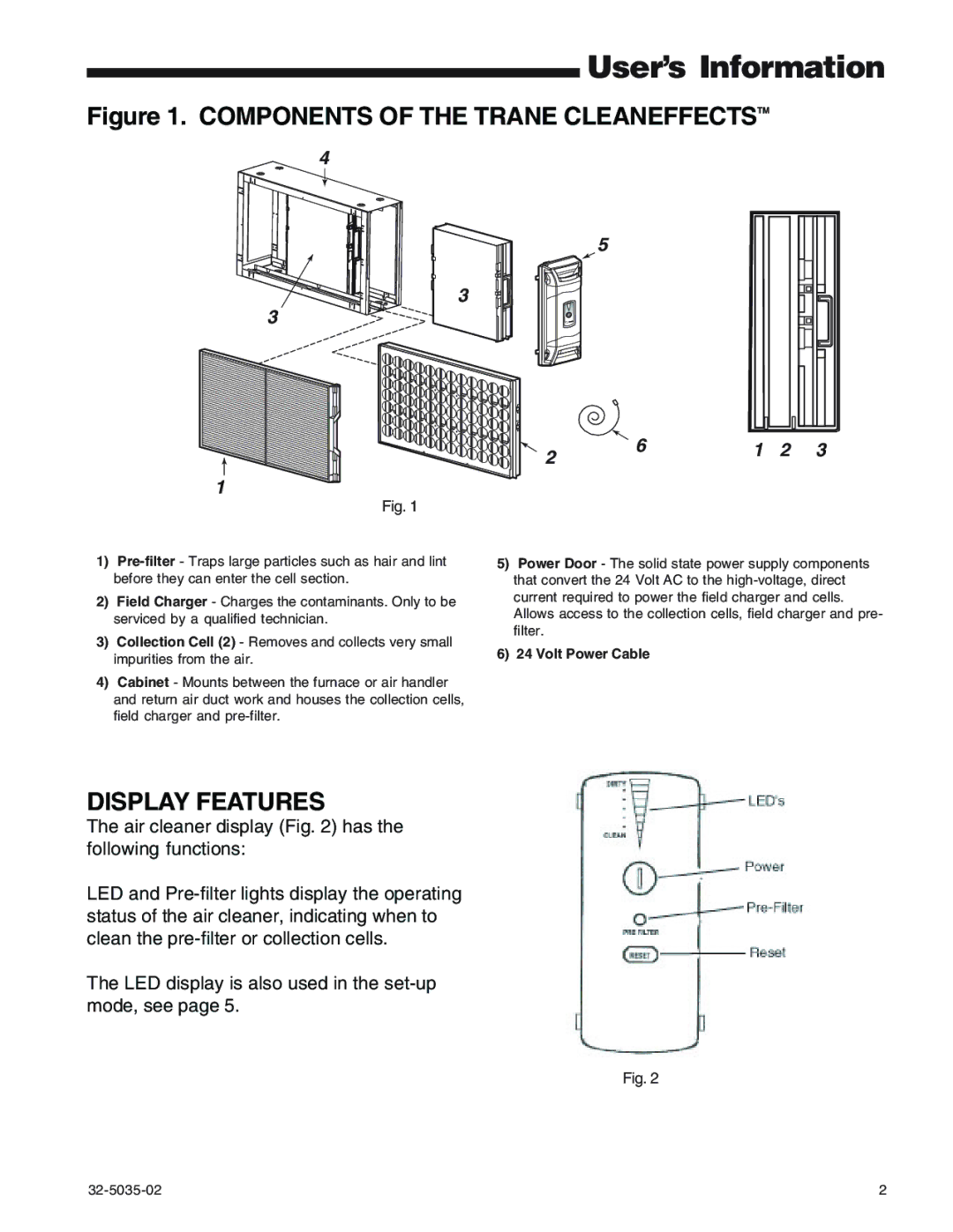 Trane Air Filtration System manual User’s Information, Display Features 