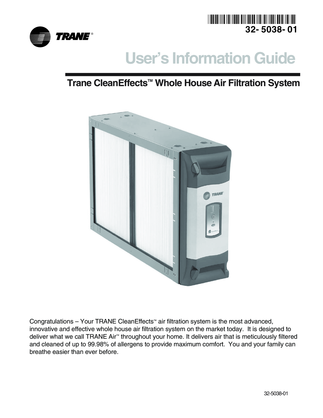 Trane Air Filtration System manual User’s Information Guide, 32- 5038 