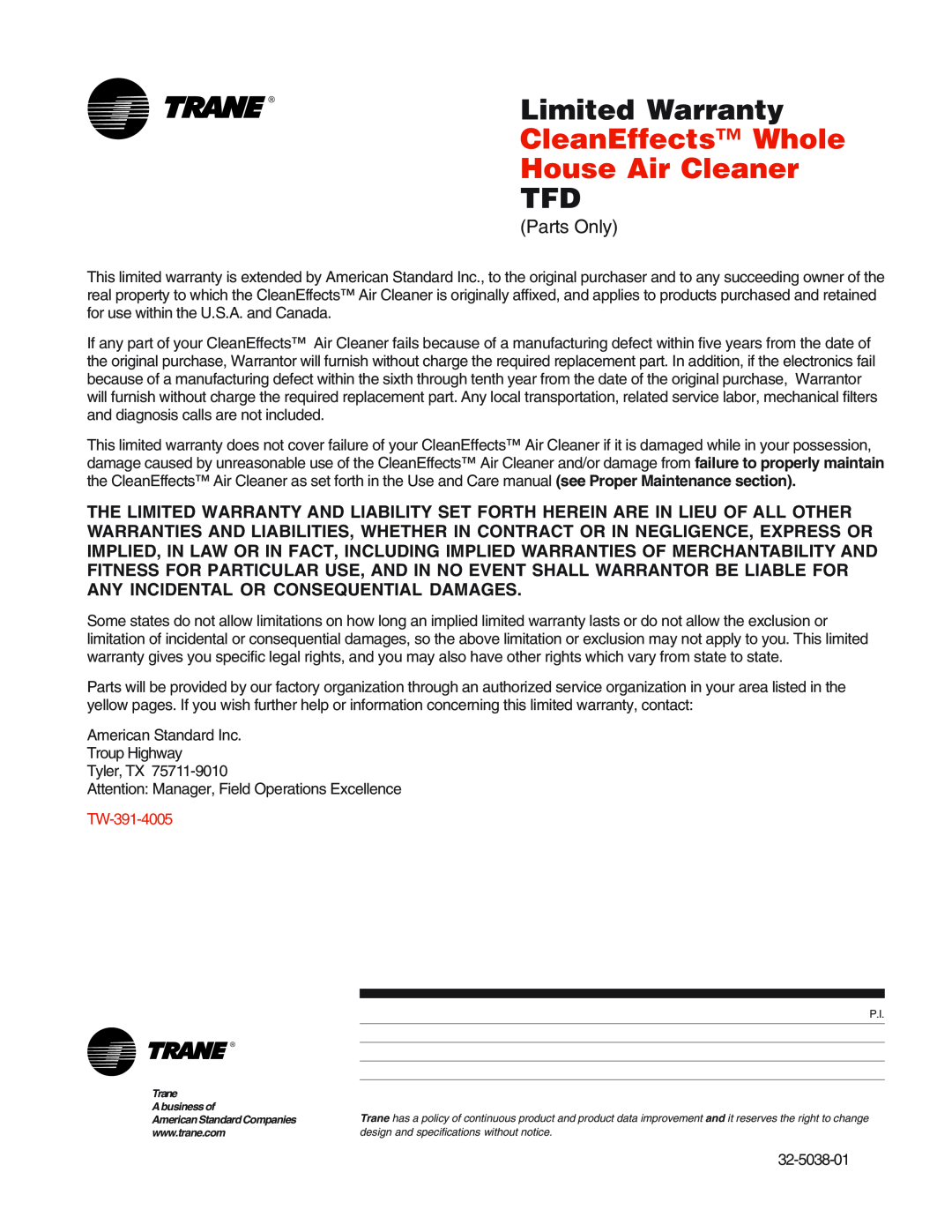 Trane Air Filtration System manual Limited Warranty, CleanEffects Whole House Air Cleaner, TW-391-4005, 32-5038-01 
