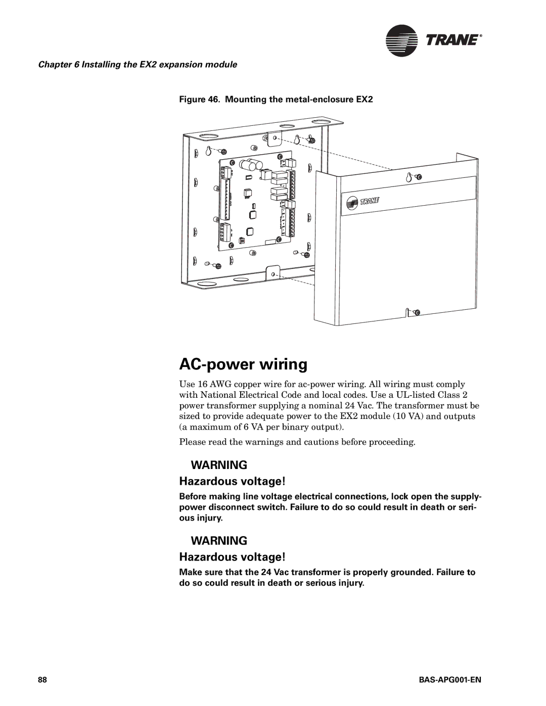 Trane BAS-APG001-EN, Engineered Smoke Control System for Tracer Summit AC-power wiring, Mounting the metal-enclosure EX2 