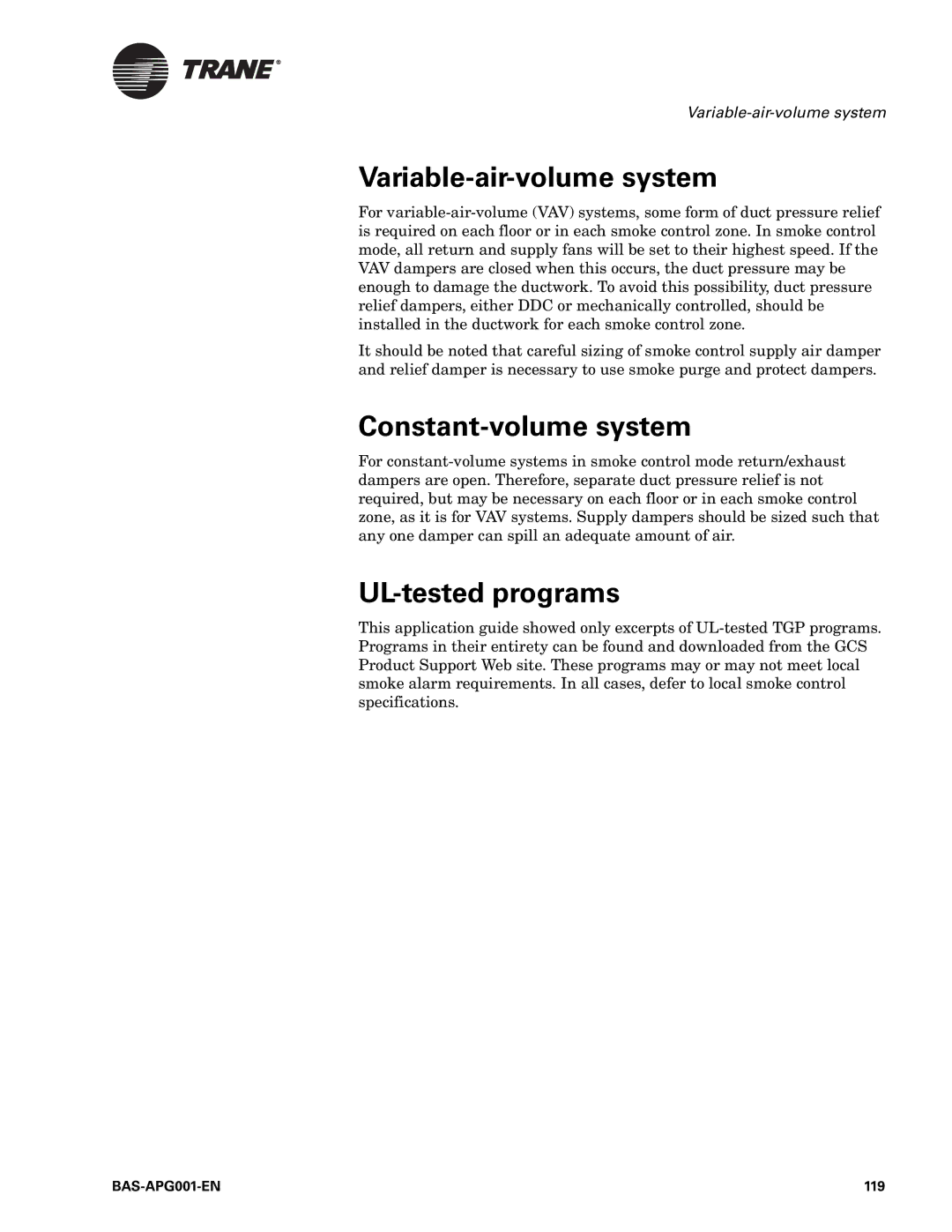 Trane Engineered Smoke Control System for Tracer Summit manual Variable-air-volume system, Constant-volume system, 119 