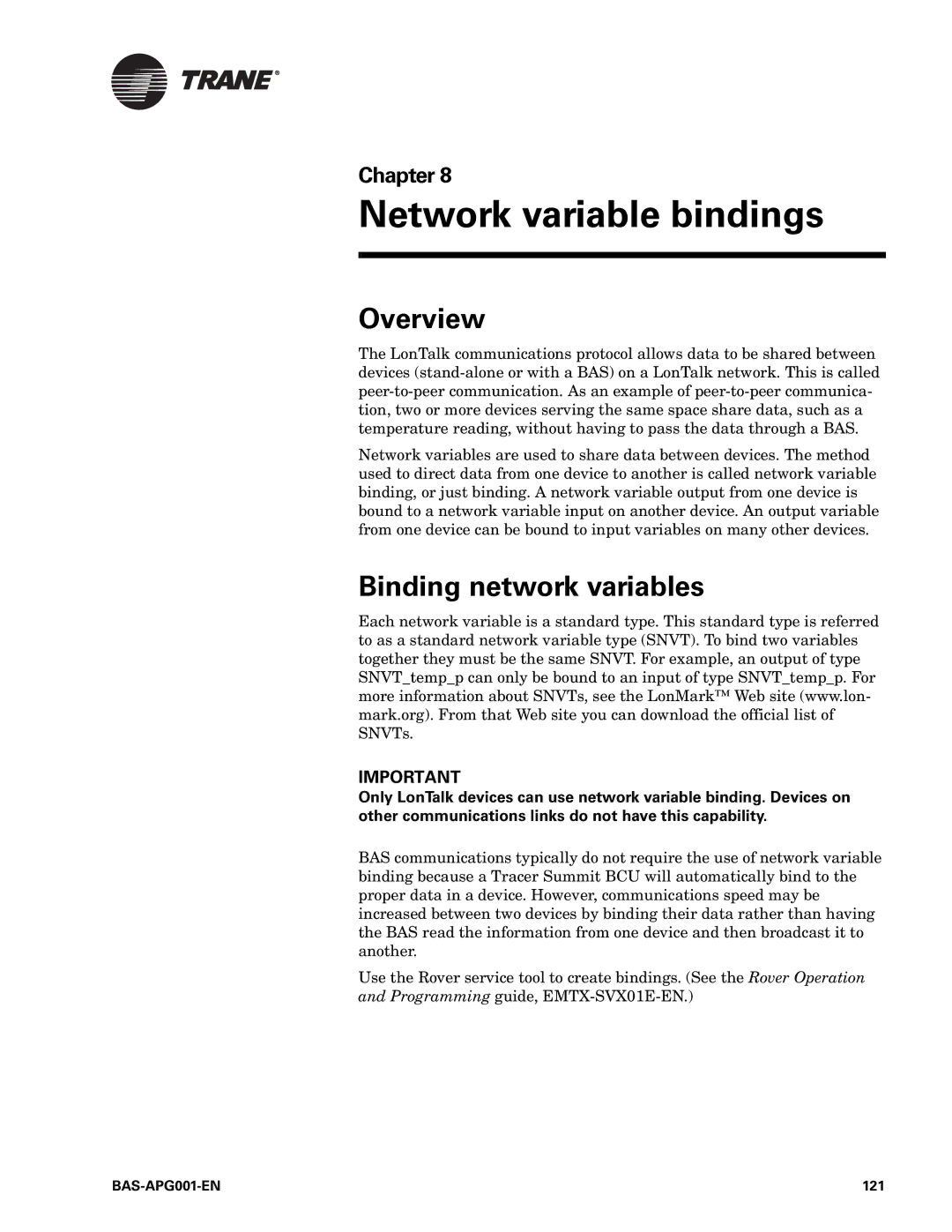 Trane Engineered Smoke Control System for Tracer Summit, BAS-APG001-EN manual Overview, Binding network variables, 121 