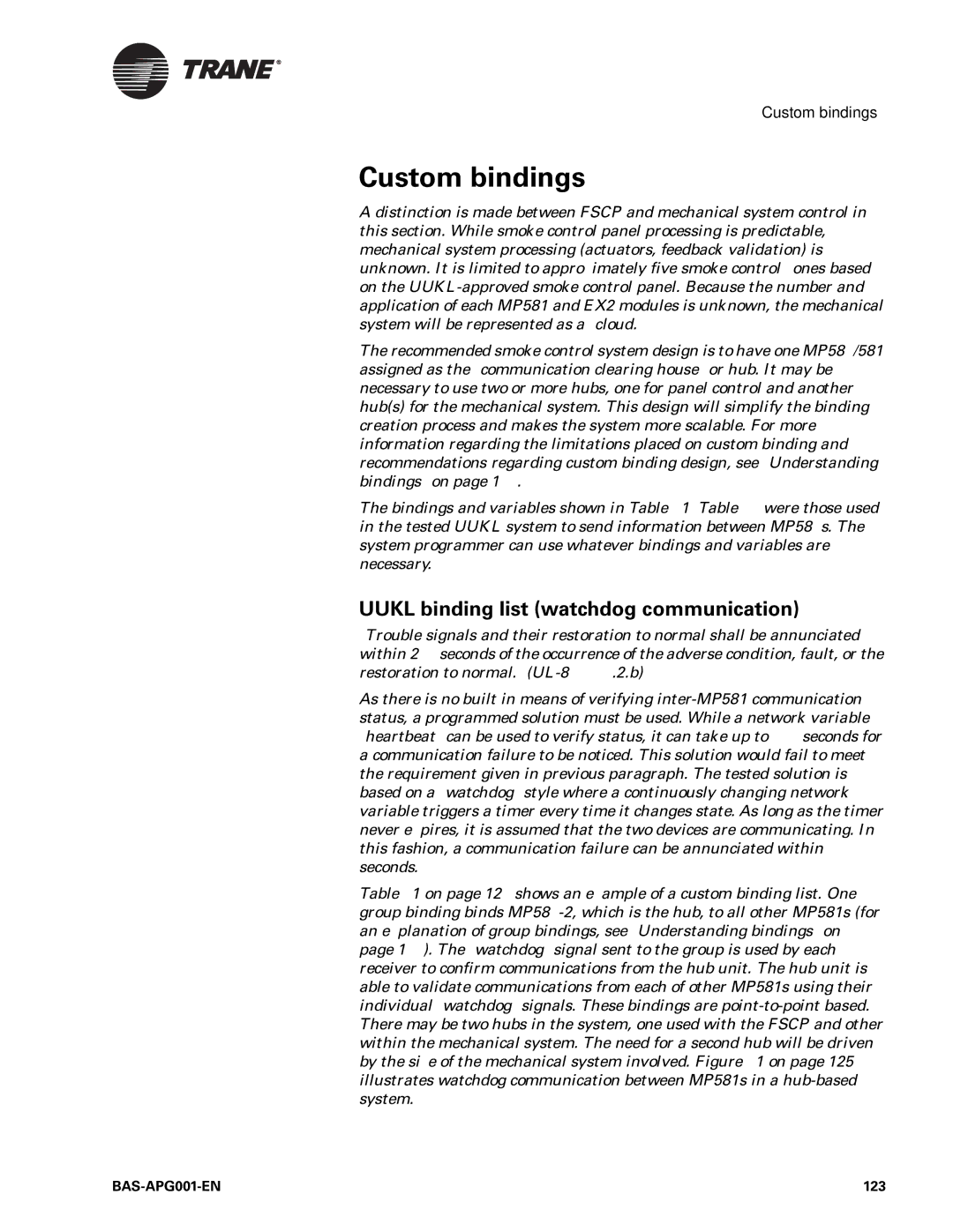 Trane Engineered Smoke Control System for Tracer Summit Custom bindings, Uukl binding list watchdog communication, 123 