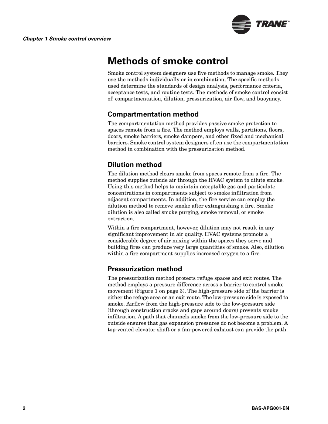 Trane BAS-APG001-EN manual Methods of smoke control, Compartmentation method, Dilution method, Pressurization method 