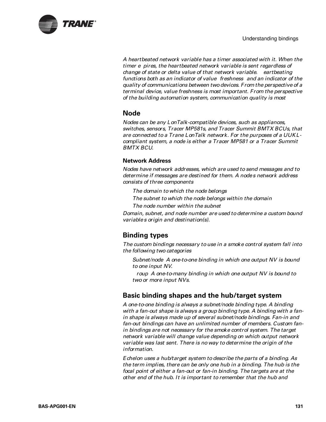 Trane Engineered Smoke Control System for Tracer Summit, BAS-APG001-EN manual Node, Binding types, Network Address, 131 