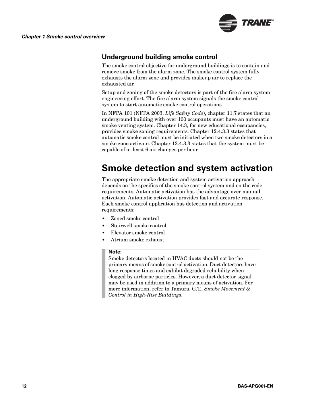 Trane BAS-APG001-EN manual Smoke detection and system activation, Underground building smoke control 