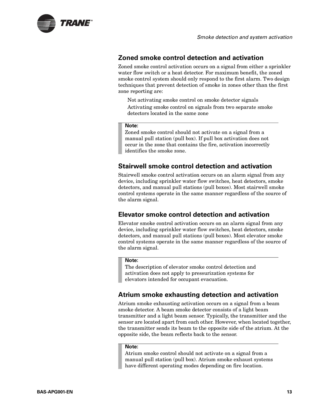 Trane Engineered Smoke Control System for Tracer Summit, BAS-APG001-EN manual Zoned smoke control detection and activation 