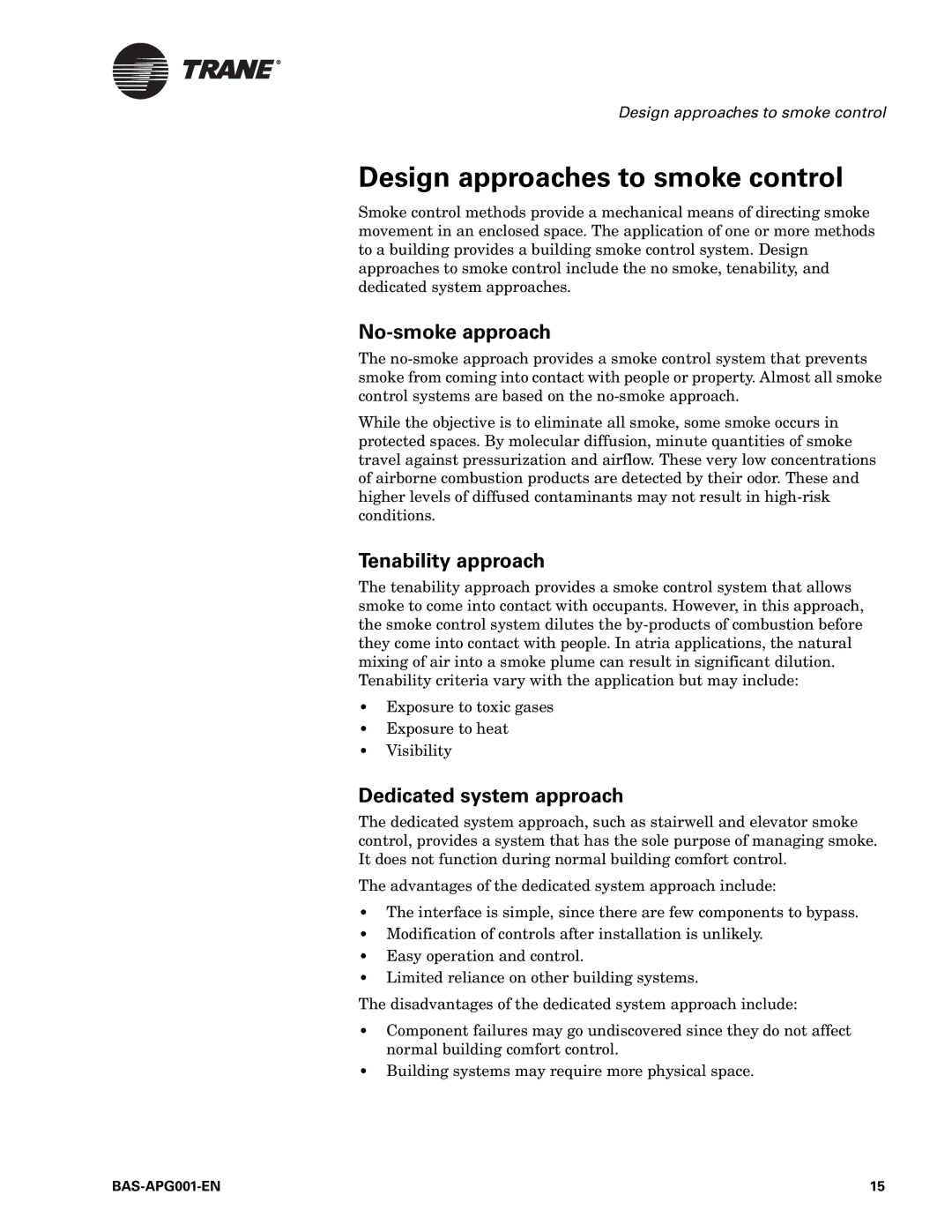 Trane Engineered Smoke Control System for Tracer Summit manual Design approaches to smoke control, No-smoke approach 