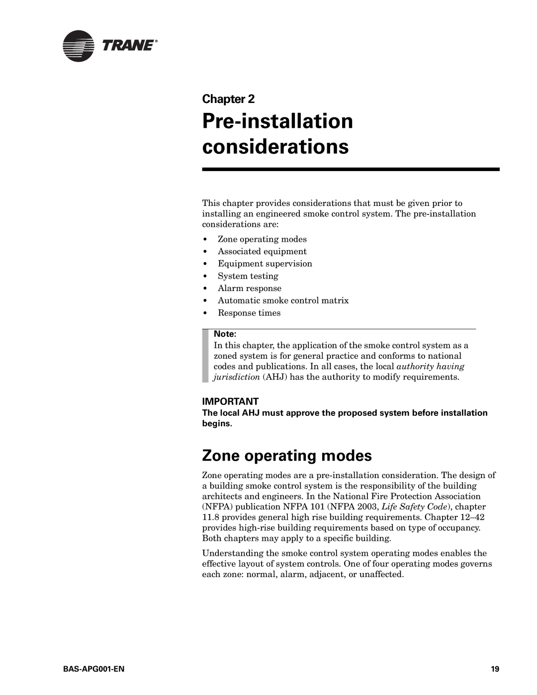 Trane Engineered Smoke Control System for Tracer Summit manual Pre-installation considerations, Zone operating modes 