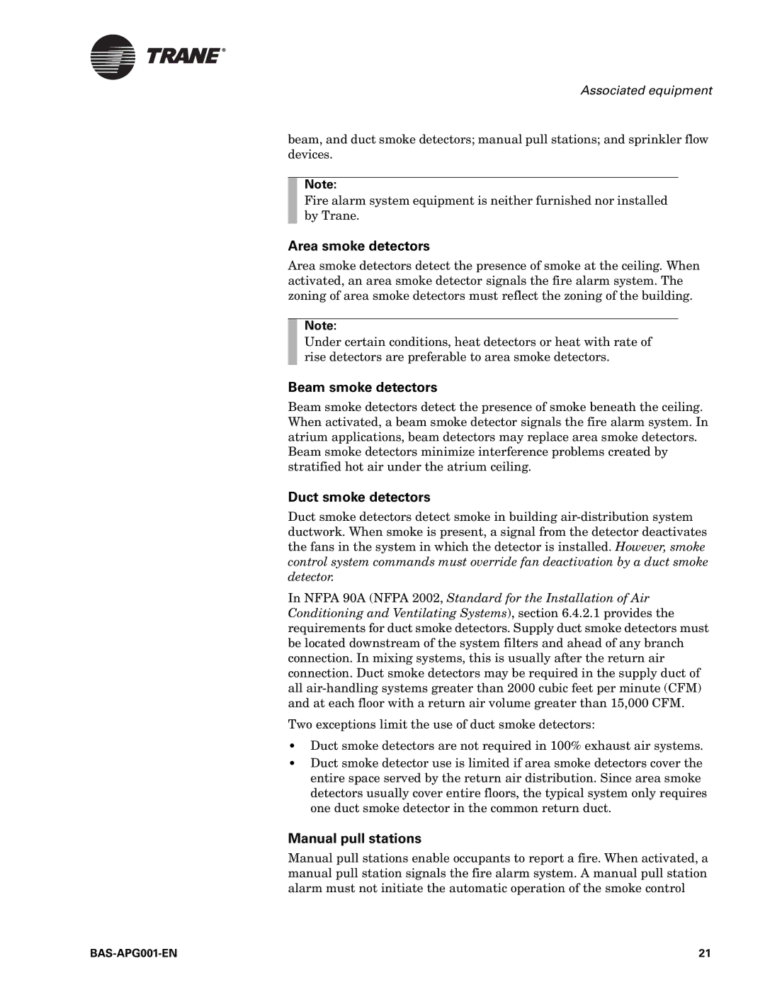 Trane Engineered Smoke Control System for Tracer Summit Area smoke detectors, Beam smoke detectors, Duct smoke detectors 