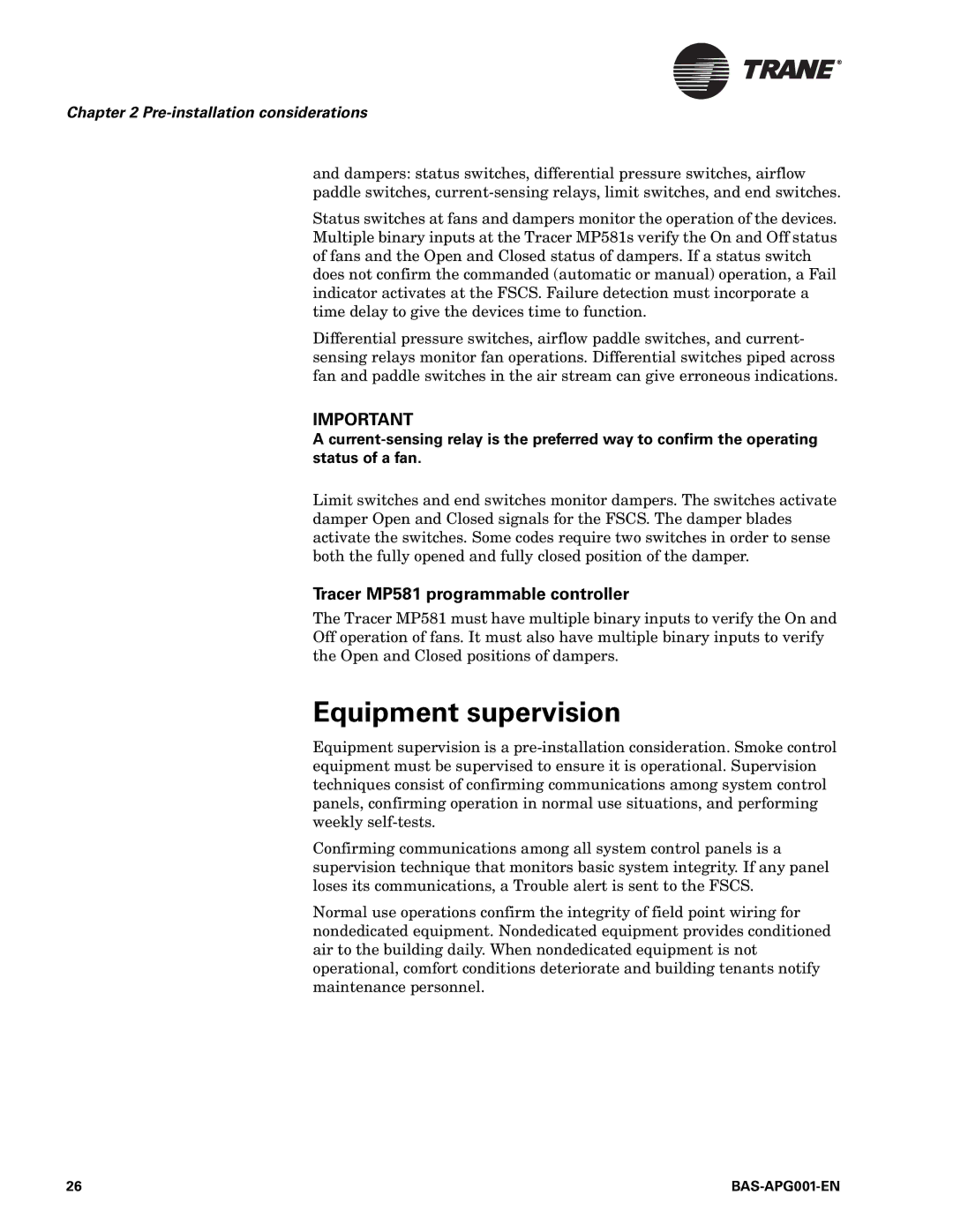 Trane BAS-APG001-EN manual Equipment supervision, Tracer MP581 programmable controller 