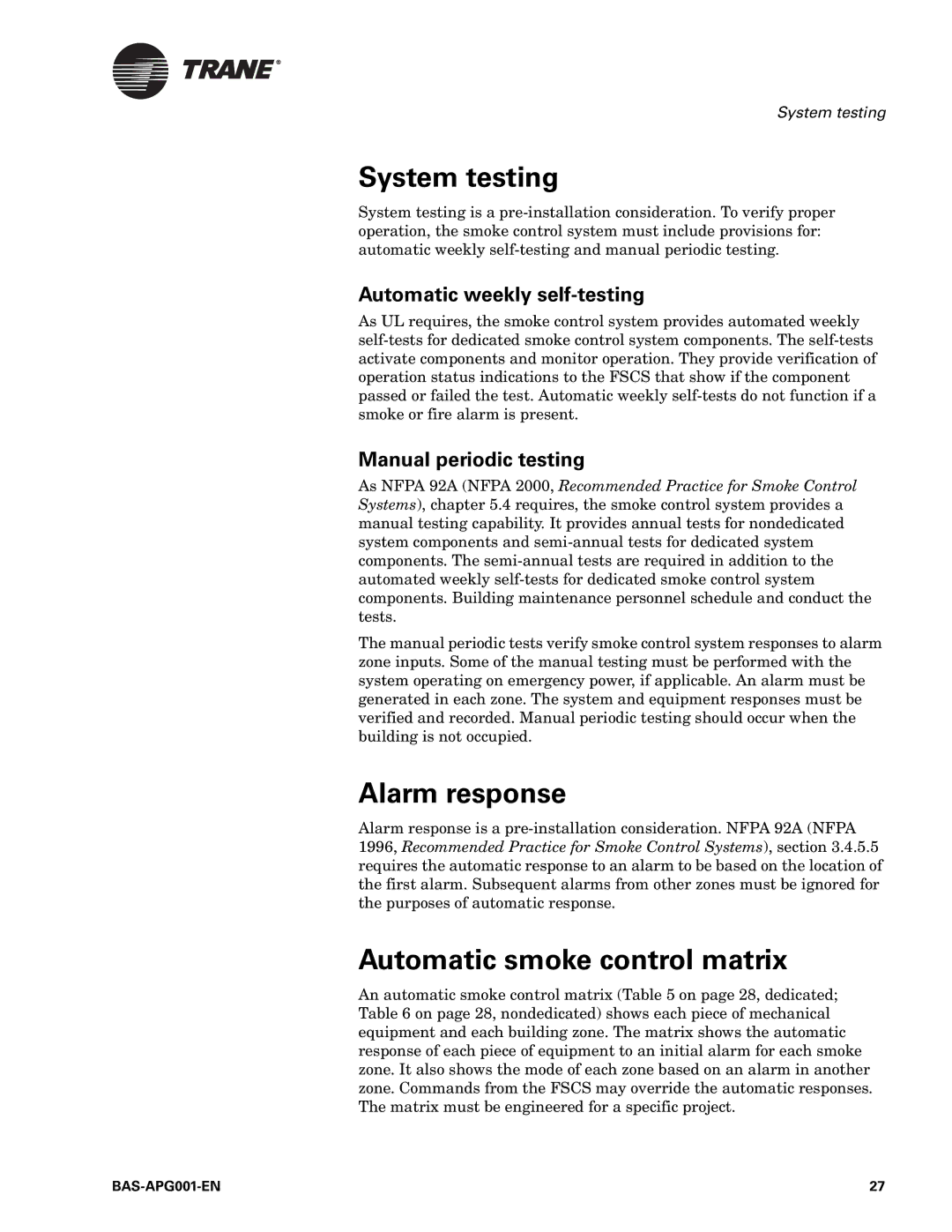 Trane Engineered Smoke Control System for Tracer Summit System testing, Alarm response, Automatic smoke control matrix 