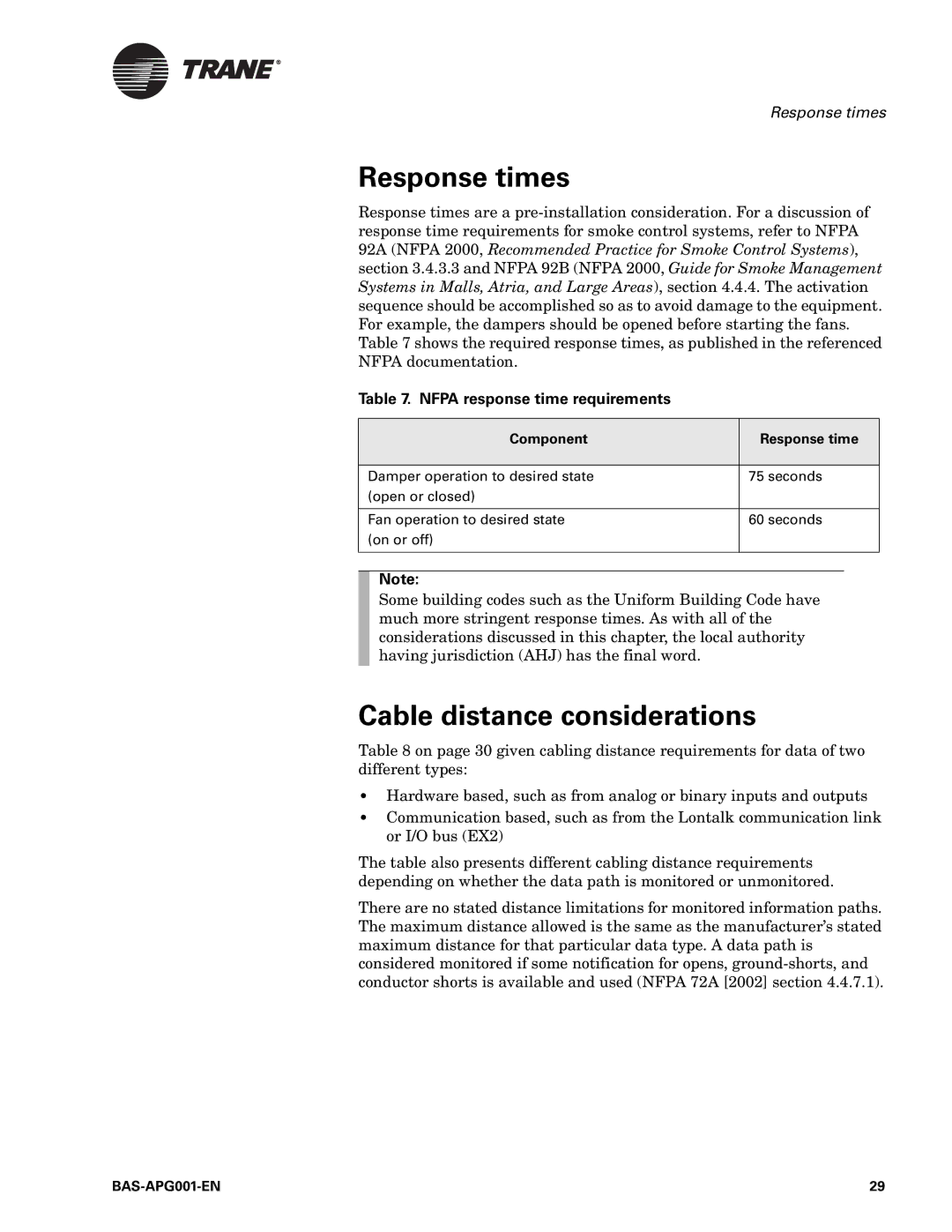 Trane Engineered Smoke Control System for Tracer Summit, BAS-APG001-EN manual Response times, Cable distance considerations 