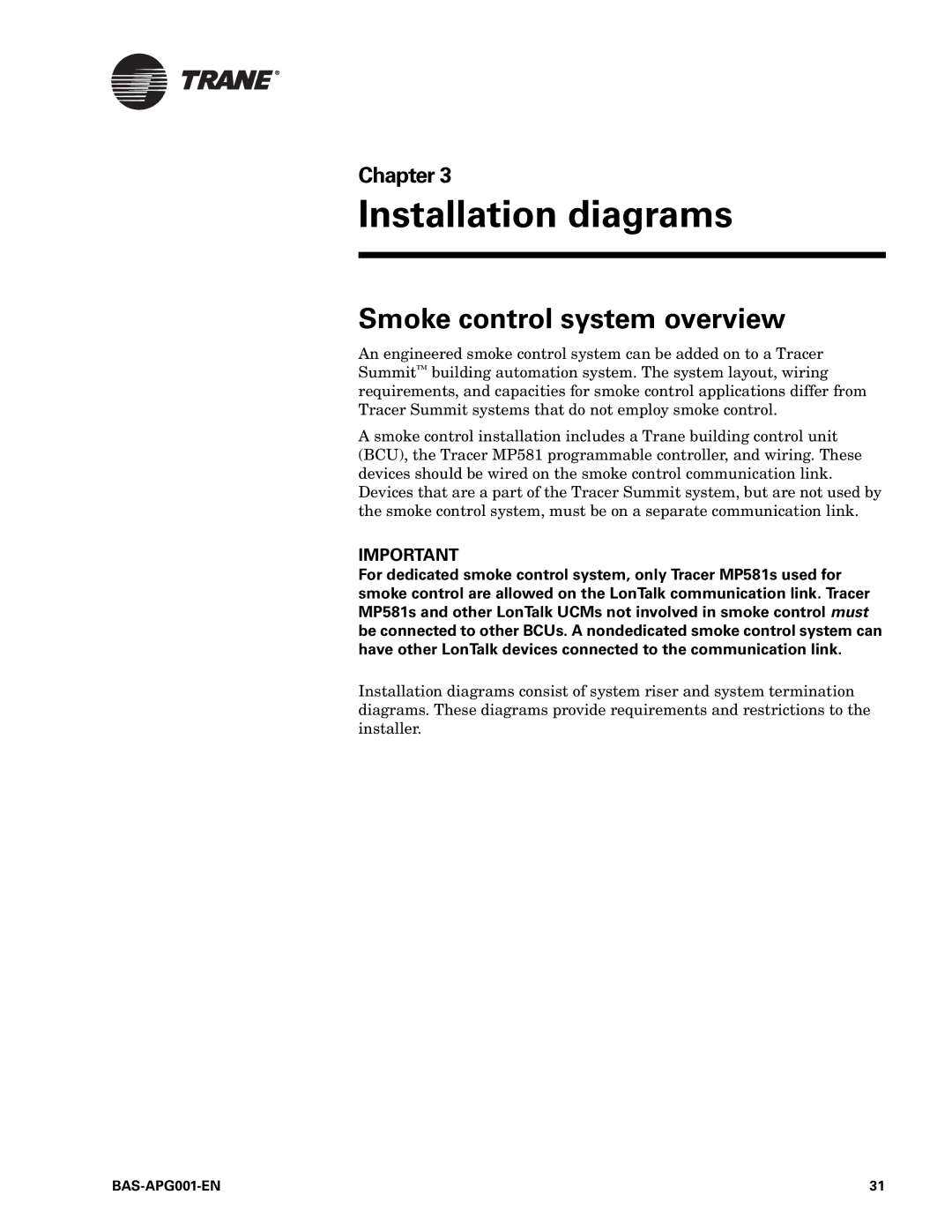 Trane Engineered Smoke Control System for Tracer Summit manual Installation diagrams, Smoke control system overview 