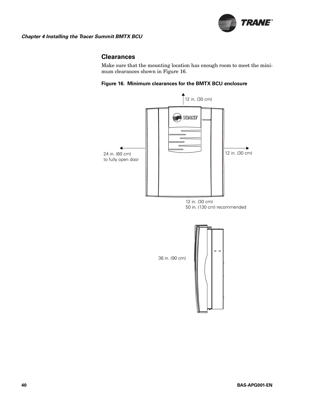 Trane BAS-APG001-EN manual Clearances, Minimum clearances for the Bmtx BCU enclosure 