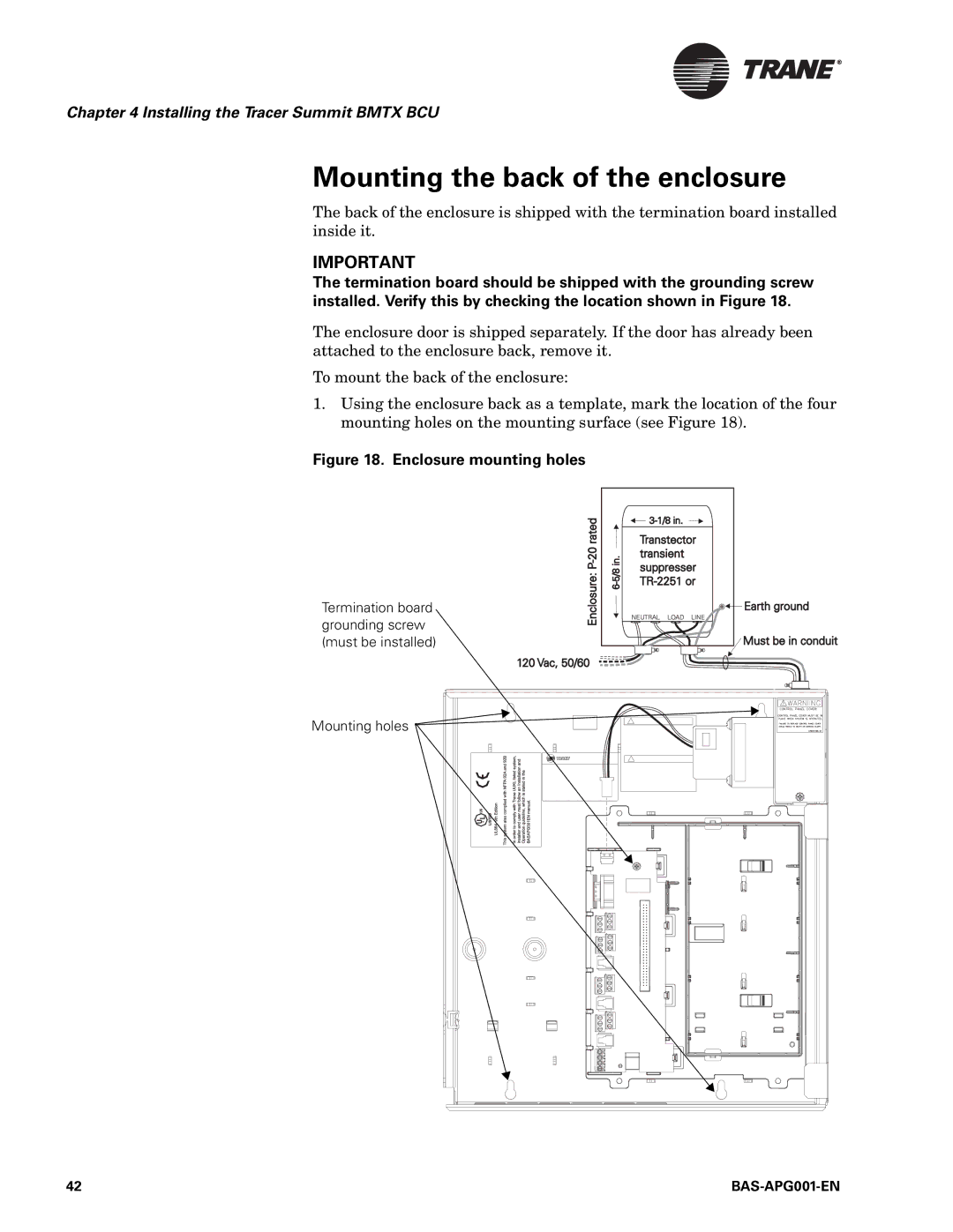 Trane BAS-APG001-EN manual Mounting the back of the enclosure, Enclosure mounting holes 