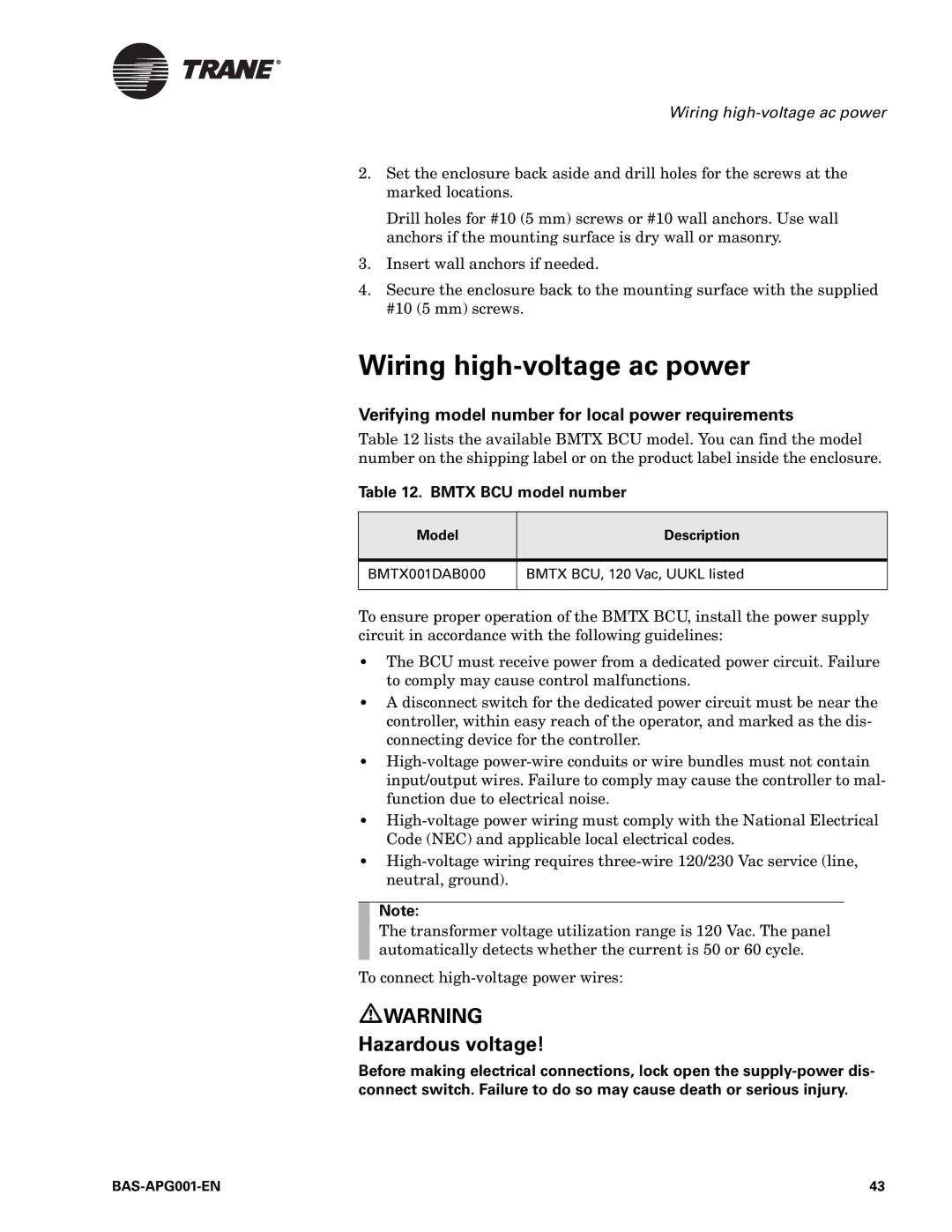 Trane Engineered Smoke Control System for Tracer Summit Wiring high-voltage ac power, Hazardous voltage, Model Description 