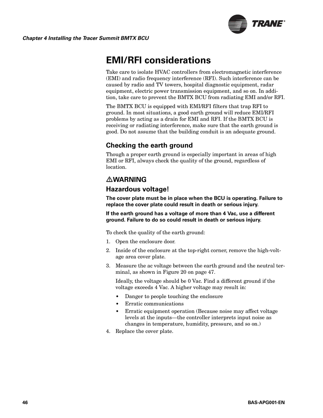 Trane BAS-APG001-EN, Engineered Smoke Control System for Tracer Summit EMI/RFI considerations, Checking the earth ground 