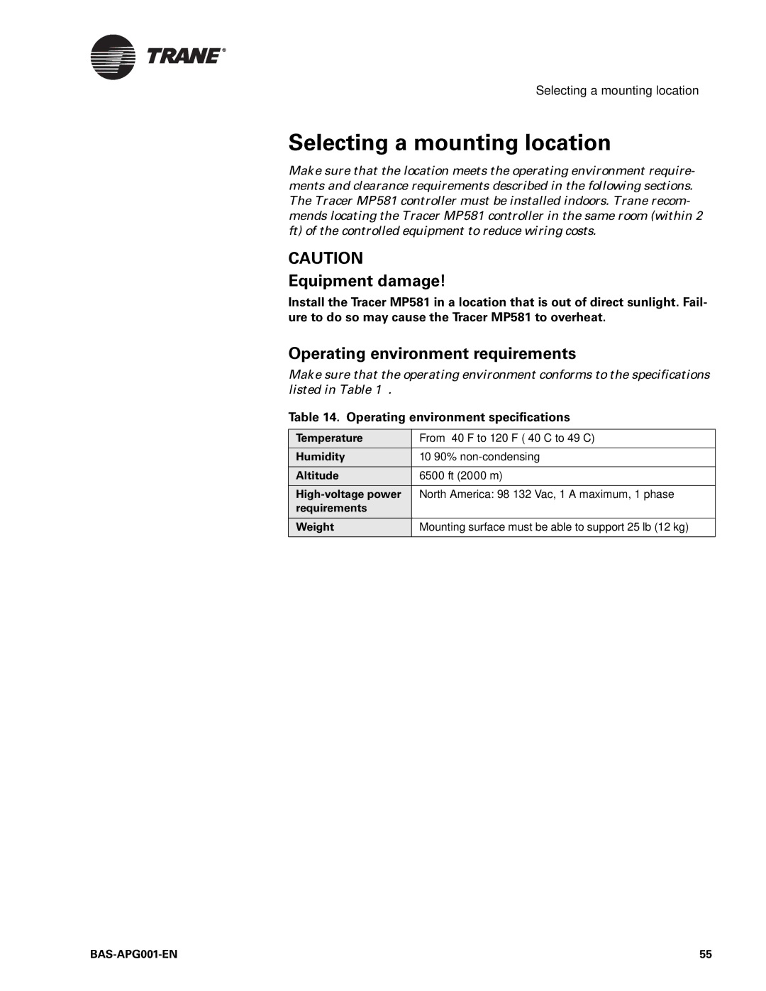 Trane Engineered Smoke Control System for Tracer Summit, BAS-APG001-EN Selecting a mounting location, Equipment damage 