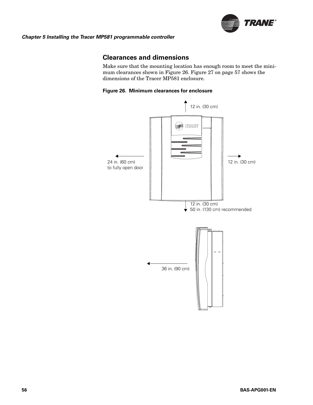 Trane BAS-APG001-EN manual Clearances and dimensions, Minimum clearances for enclosure 