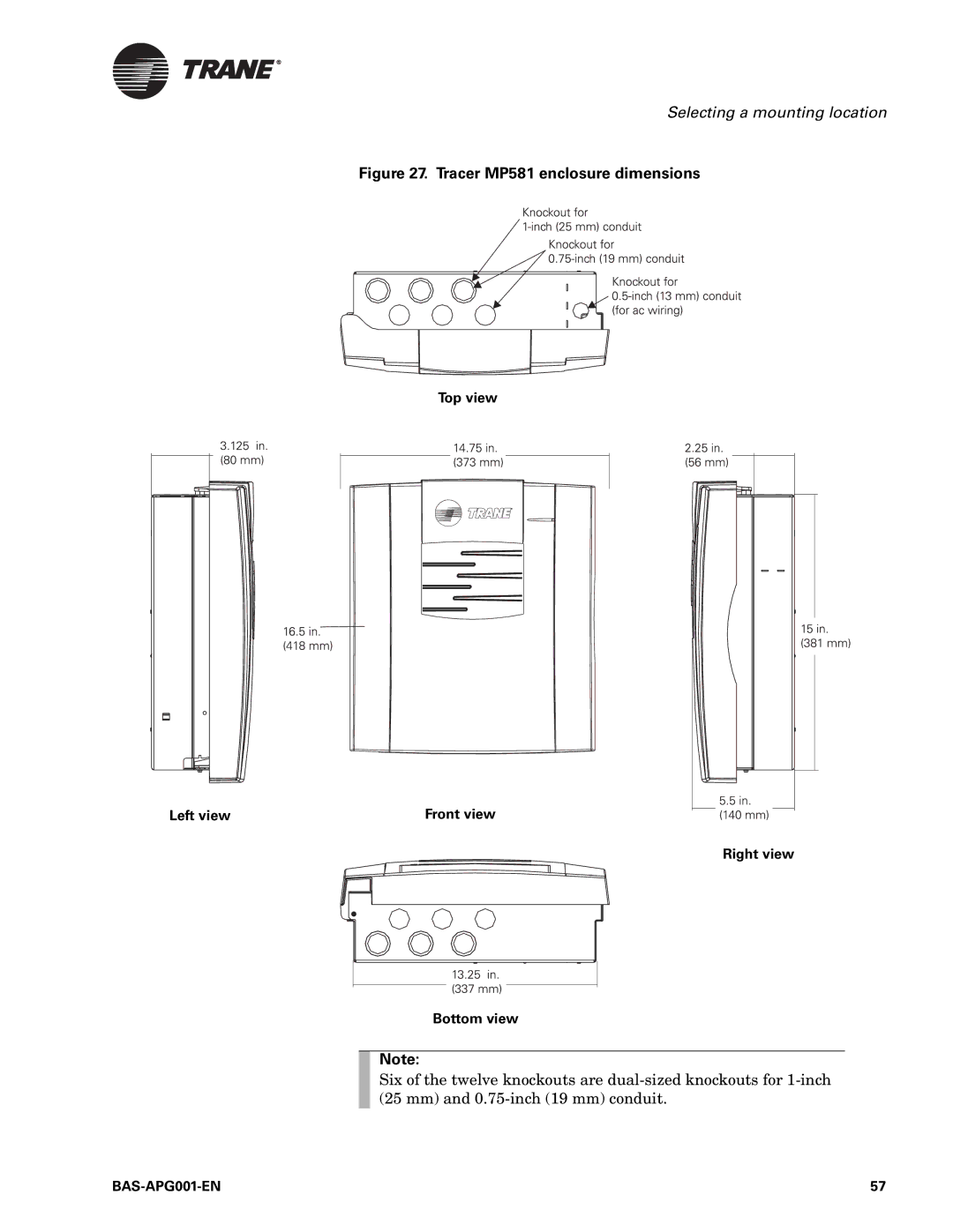 Trane Engineered Smoke Control System for Tracer Summit, BAS-APG001-EN manual Tracer MP581 enclosure dimensions 