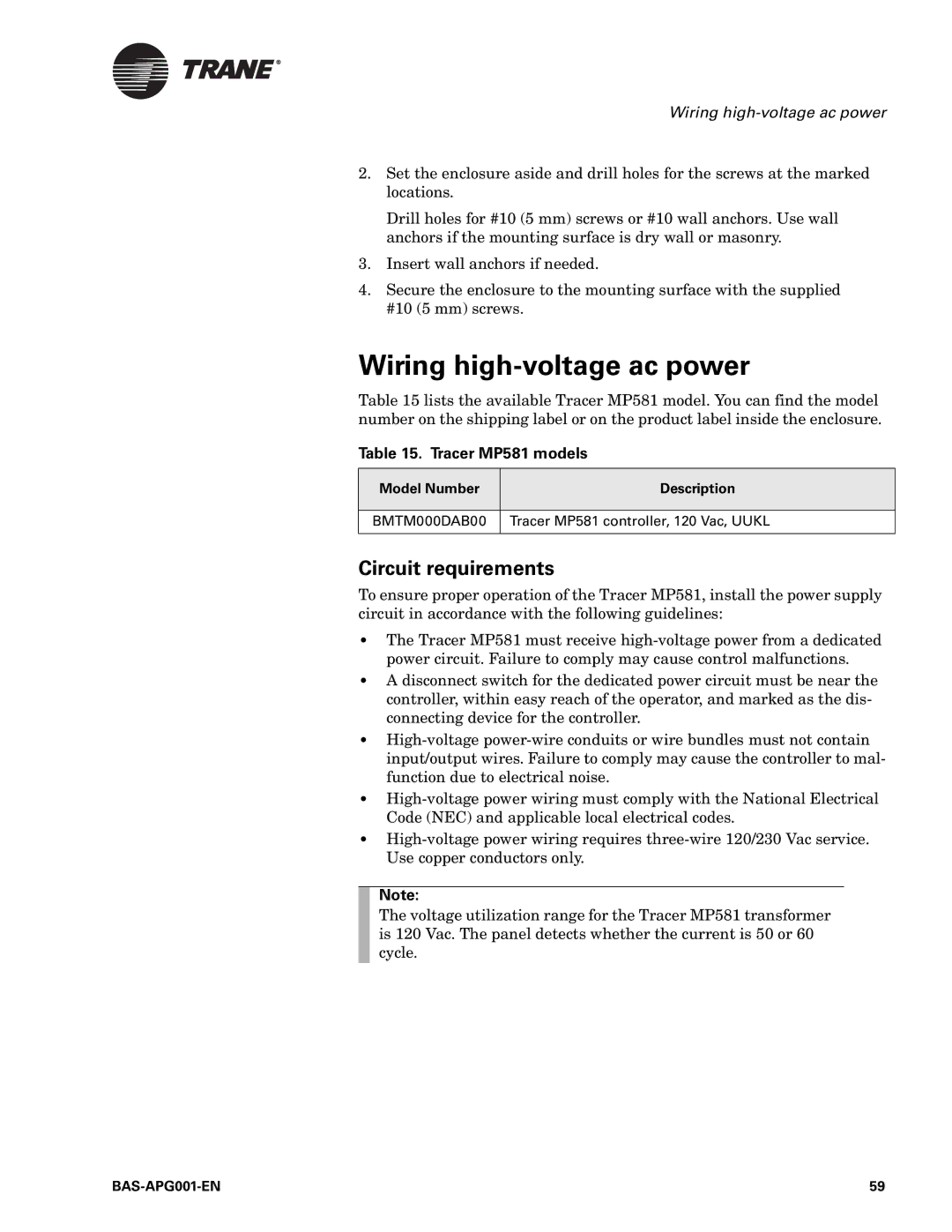 Trane Engineered Smoke Control System for Tracer Summit, BAS-APG001-EN manual Circuit requirements, Tracer MP581 models 