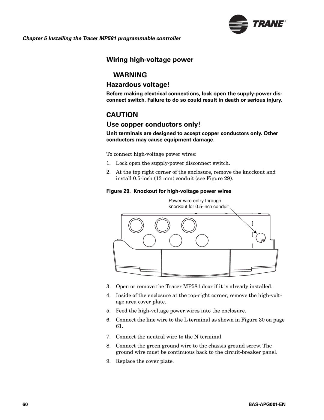 Trane BAS-APG001-EN manual Wiring high-voltage power Hazardous voltage, Knockout for high-voltage power wires 