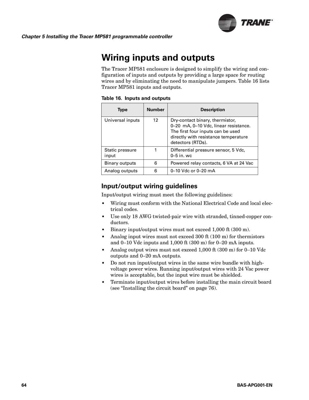 Trane BAS-APG001-EN Wiring inputs and outputs, Input/output wiring guidelines, Inputs and outputs, Type Number Description 