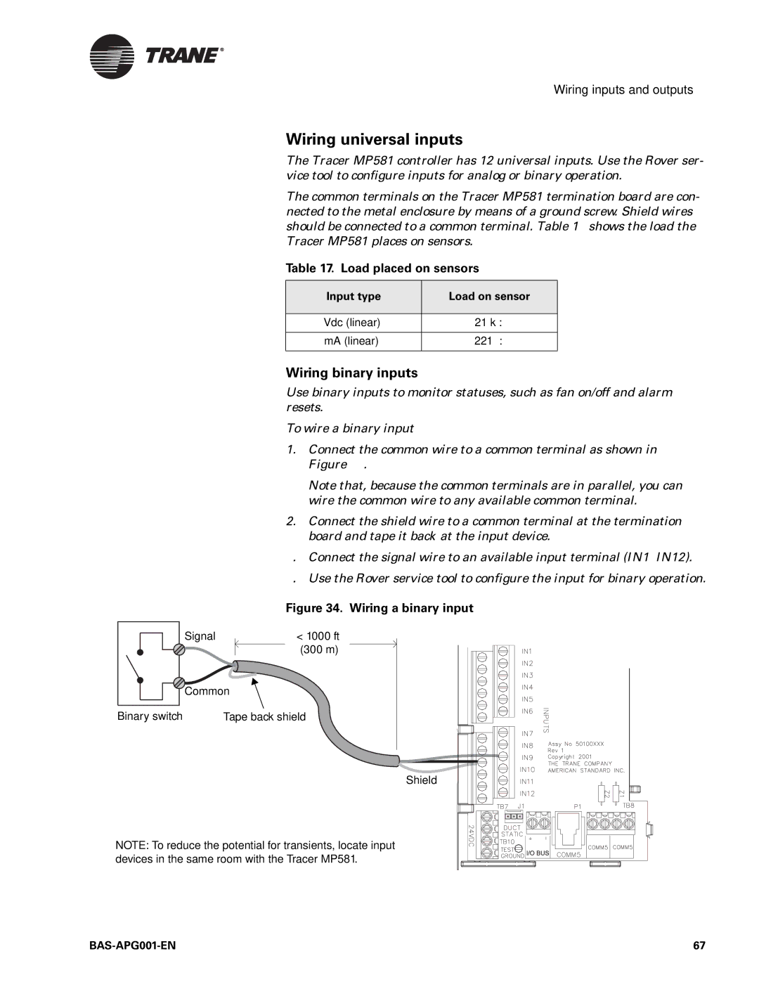 Trane Engineered Smoke Control System for Tracer Summit, BAS-APG001-EN manual Wiring universal inputs, Wiring binary inputs 