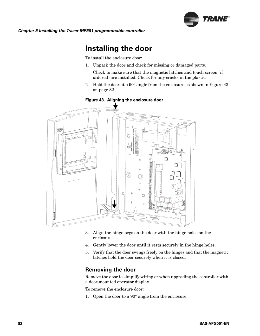 Trane BAS-APG001-EN, Engineered Smoke Control System for Tracer Summit manual Removing the door, Aligning the enclosure door 